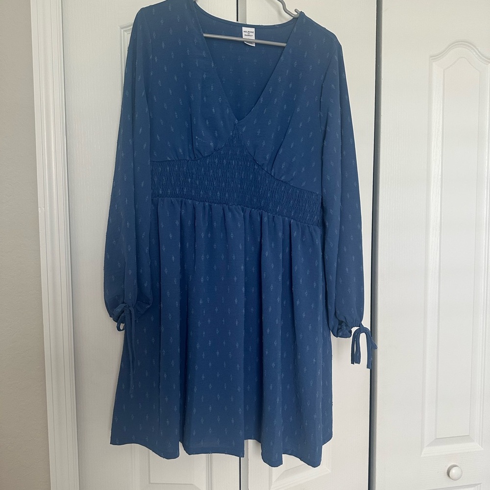 Blue V-Neck Smocked Waist Dress
